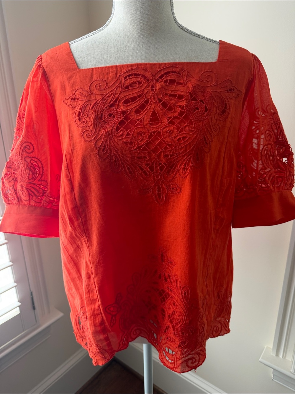 Anythropologie Red Short-Sleeve Cutout Square-Neck Top